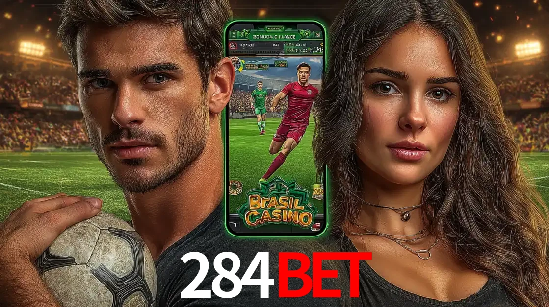 Homem segurando uma bola de futebol e uma mulher ao lado de um smartphone exibindo o jogo de apostas esportivas da 284bet. Faça seu palpite no cassino online.